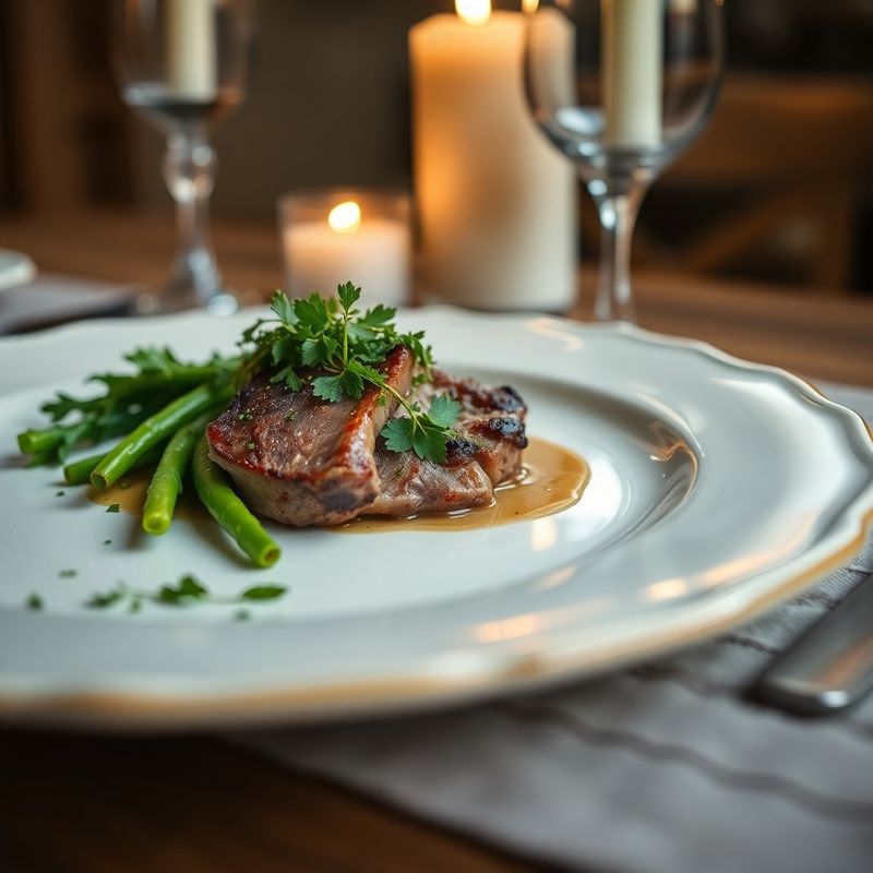 Close-up of a wedding dinner plate with herb-crusted lamb and summer vegetables