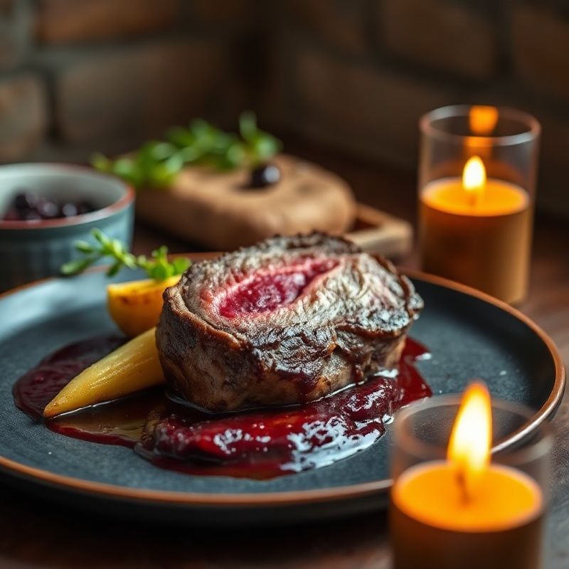 Slow-braised short rib plated with roasted celeriac and wild-berry sauce