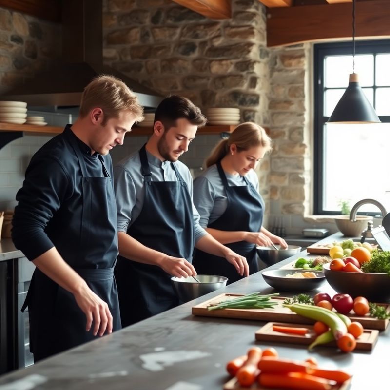 Small catering team working together in a professional kitchen