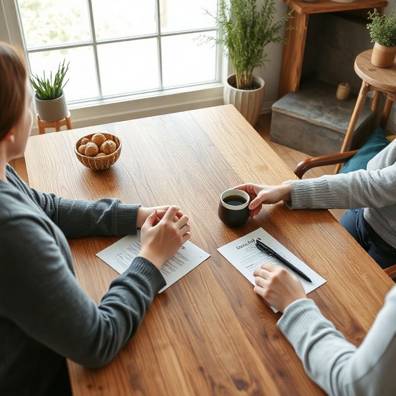 Consultation in progress at a timber table with seasonal menu printouts