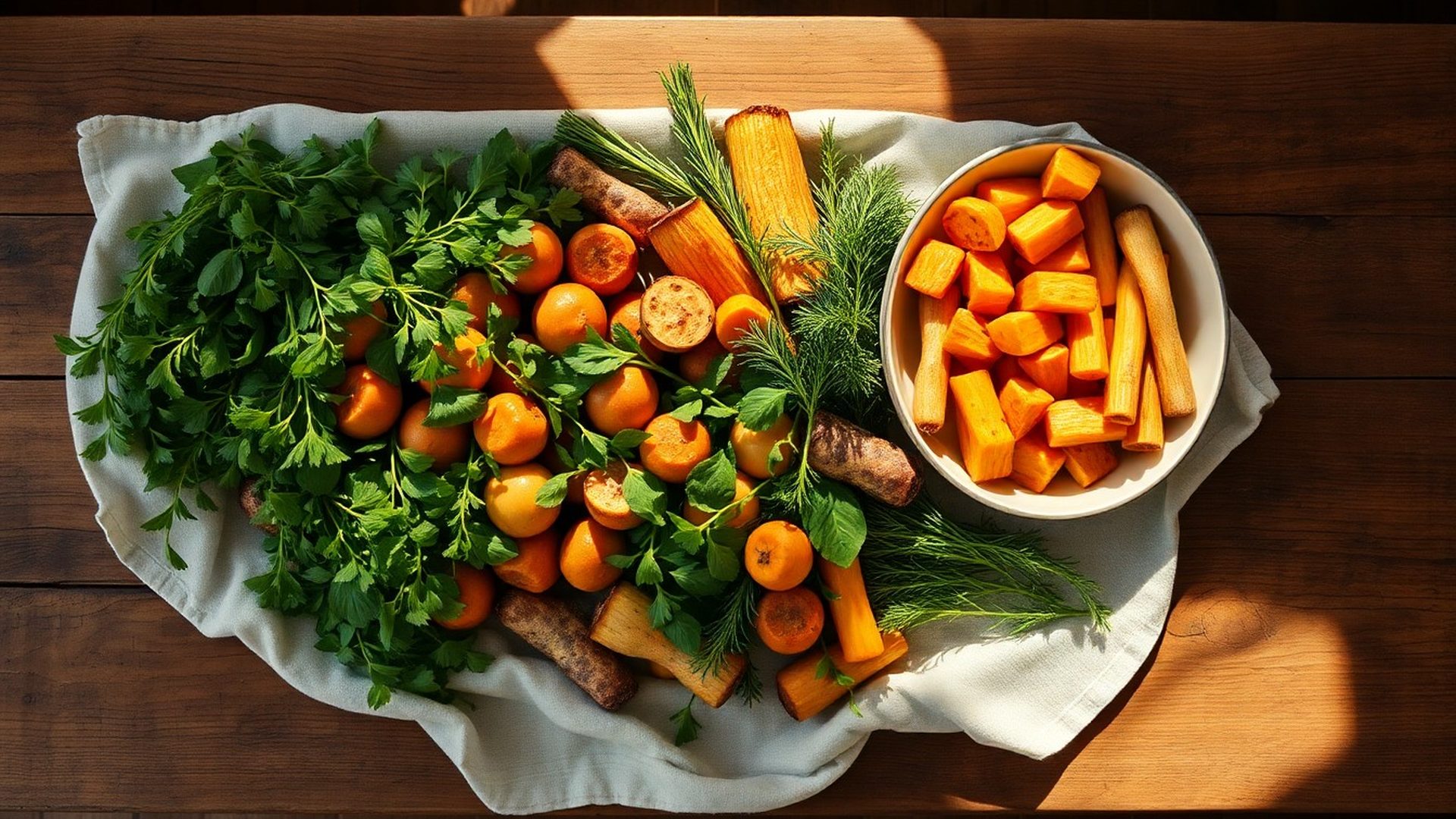 Overhead seasonal harvest spread on a reclaimed timber table