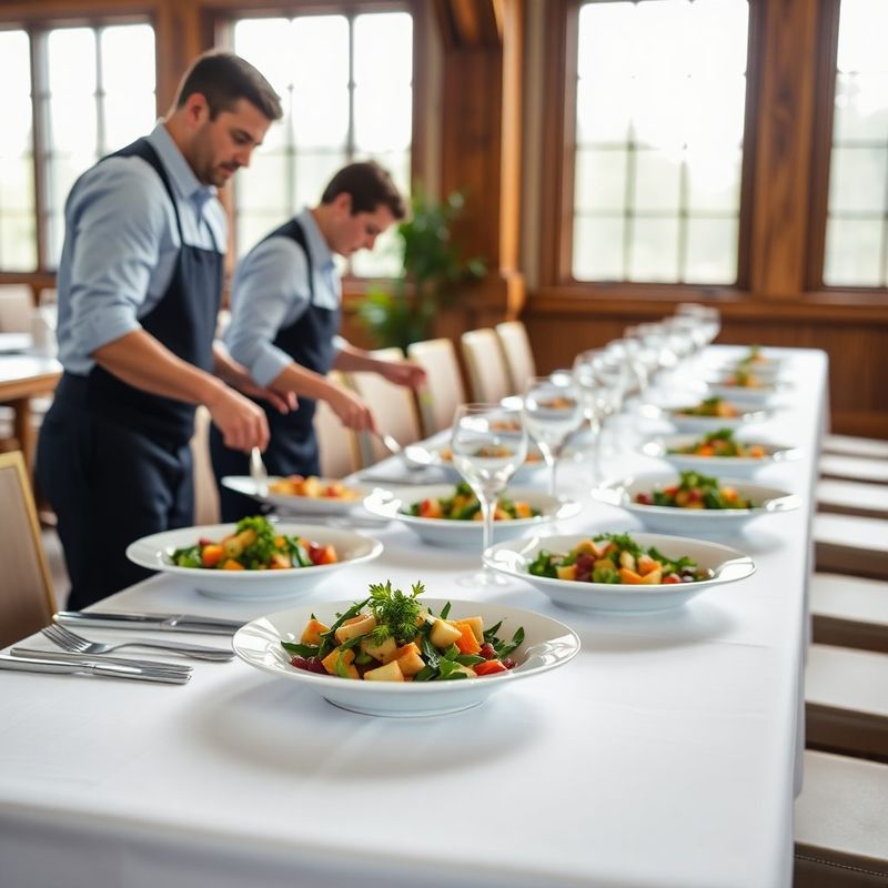 Catering staff placing seasonal dishes on a conference event table